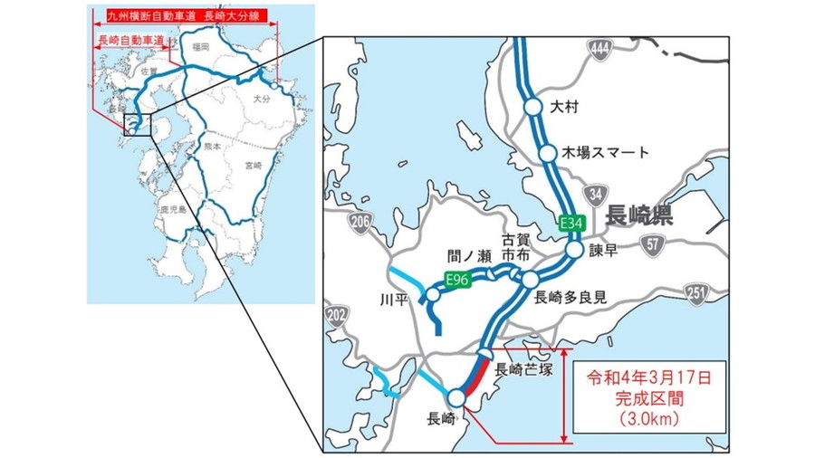 2022年3月17日に4車線化工事が完成する、E34 長崎道・長崎IC～長崎芒塚IC区間図