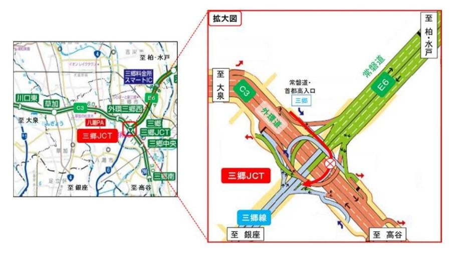 C3 外環道・三郷JCTの夜間ランプ閉鎖位置図