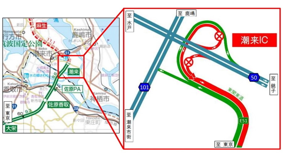 E51 東関東道・潮来ICの夜間ランプ閉鎖位置図
