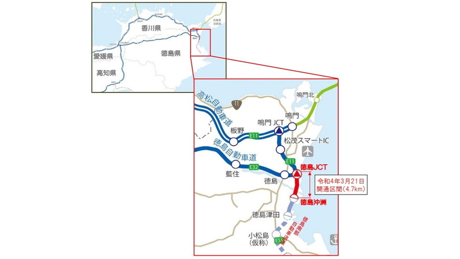 E55徳島南部自動車道・徳島JCT～徳島沖洲IC位置図