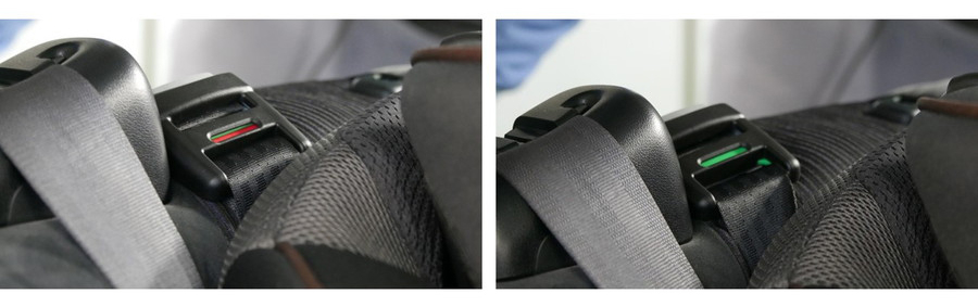  ISO-FIZ対応チャイルドシートのインジケーター。（不適正装着時（左）、適正装着時（右））