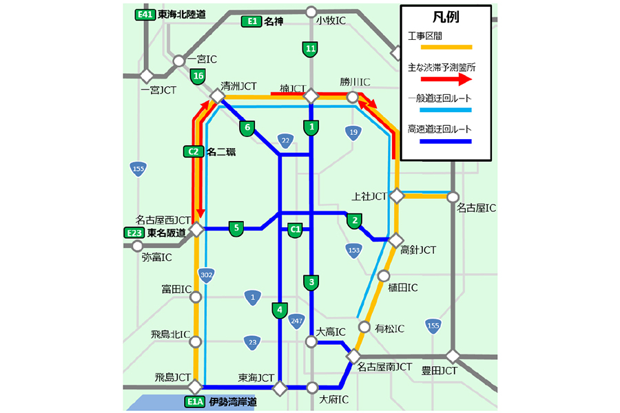 主要な迂回ルート。NEXCO中日本では、名古屋高速や並行する国道 302 号などへの迂回や、外出時間の変更、公共交通機関の利用の検討をお願いしている。＜資料提供＝NEXCO中日本＞