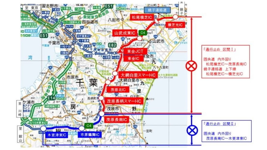 C4 圏央道と銚子連絡道路の夜間通行止め区間