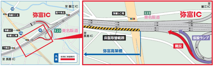 東名阪道｜弥富IC入口（下）｜夜間閉鎖｜加速車線の形状が変更される