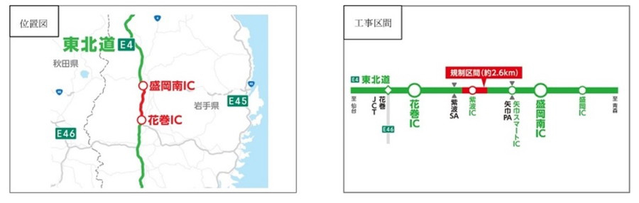 規制区間図：E4 東北道・花巻IC～盛岡南IC（上下）