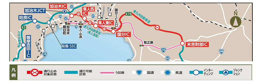 E78 東九州自動車道（末吉財部IC～加治木IC）迂回案内図。　画像＝NEXCO西日本