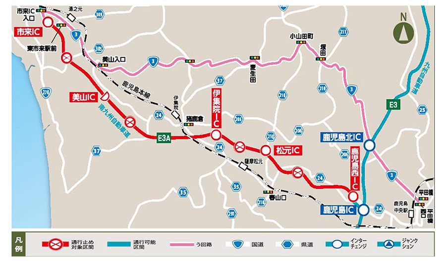 E3A 南九州自動車道（市来IC～鹿児島西IC）迂回案内図。　画像＝NEXCO西日本