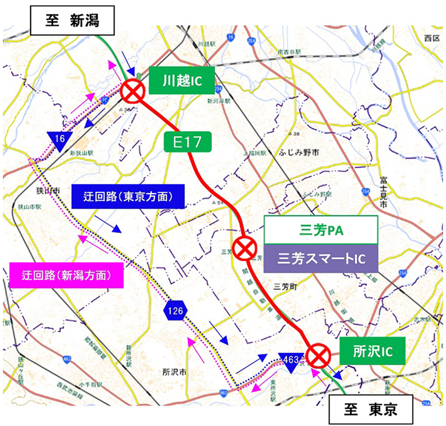 関越自動車道・所沢IC～川越IC（上下線）工事の迂回案内　画像=NEXCO東日本