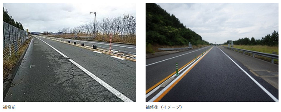 暫定2車線区間の損傷した舗装の補修工事を実施（左：補修工事前、右：補修工事後のイメージ）　写真=NEXCO東日本