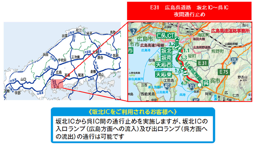 E31 広島呉道路・坂北IC～呉IC間の夜間通行止めの位置図。　画像=NEXCO西日本