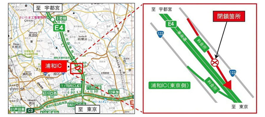 E4東北自動車道（上り線）浦和IC入口ランプの工事にともなう夜間閉鎖の位置図。　画像=NEXCO東日本