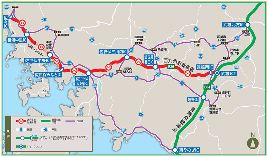 E35西九州自動車道・武雄JCT～佐々IC間の通行止め実施中の迂回ルート図。　画像=NEXCO西日本