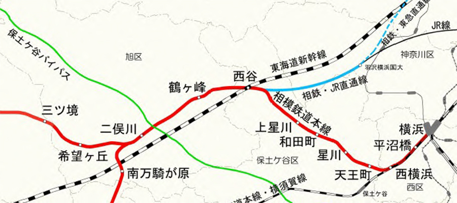 「相模鉄道本線（鶴ヶ峰駅付近）連続立体交差事業」が行われる場所の周辺地図。