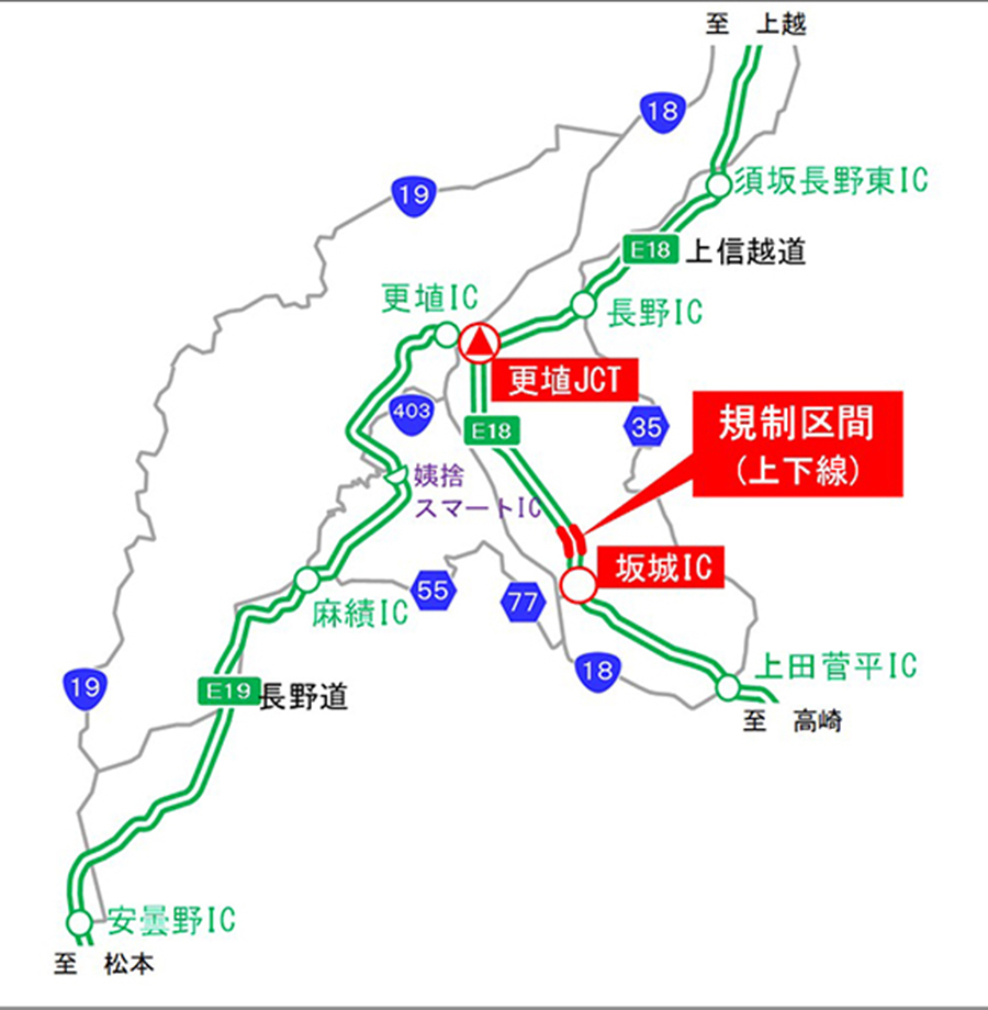 坂城IC～更埴JCT間、昼夜連続対面通行規制の実施区間　画像=NEXCO東日本