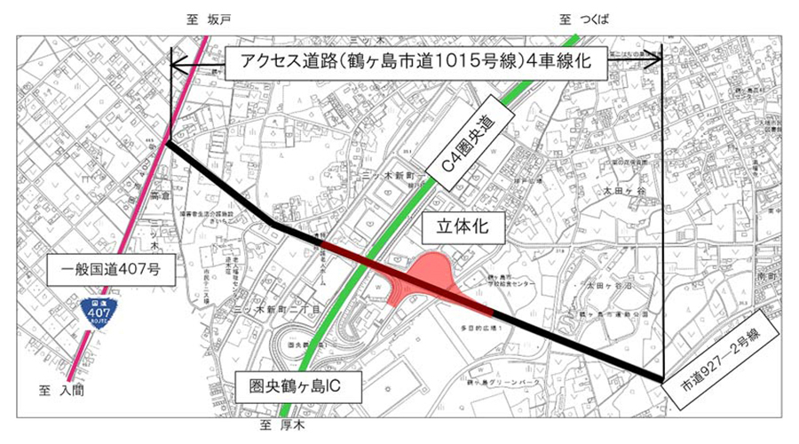 圏央道・圏央鶴ヶ島ICとアクセス道路の位置図（拡大）　画像=NEXCO東日本