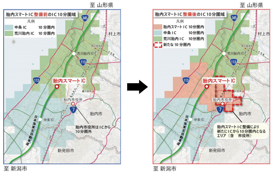 胎内スマートIC整備前・整備後の10分圏域　画像=NEXCO東日本