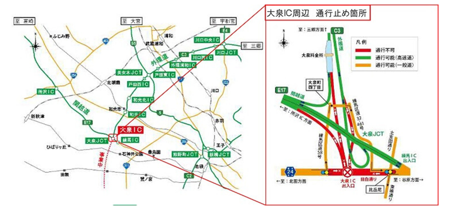 外環道と関越道・大泉IC夜間ランプの閉鎖の位置図　画像=NEXCO東日本