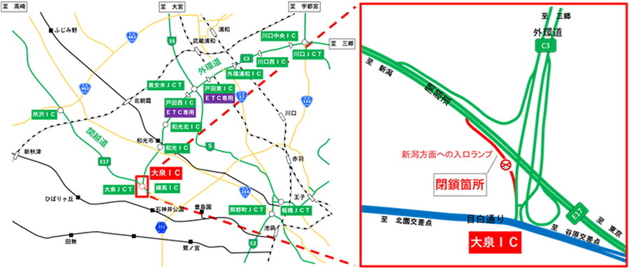 関越道・大泉IC夜間ランプ（新潟方面）閉鎖の位置図　画像=NEXCO東日本