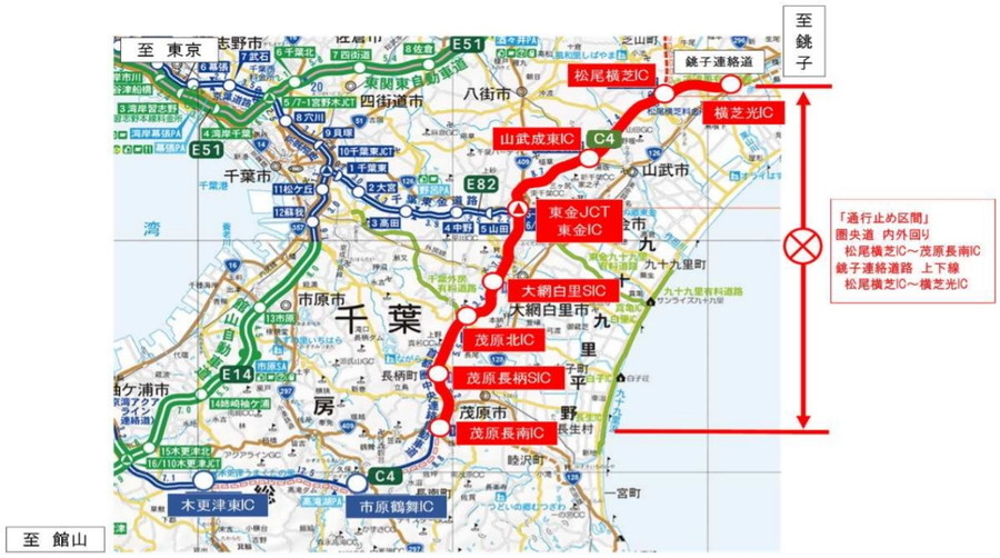 C4 圏央道と銚子連絡道路の夜間通行止め区間概要図