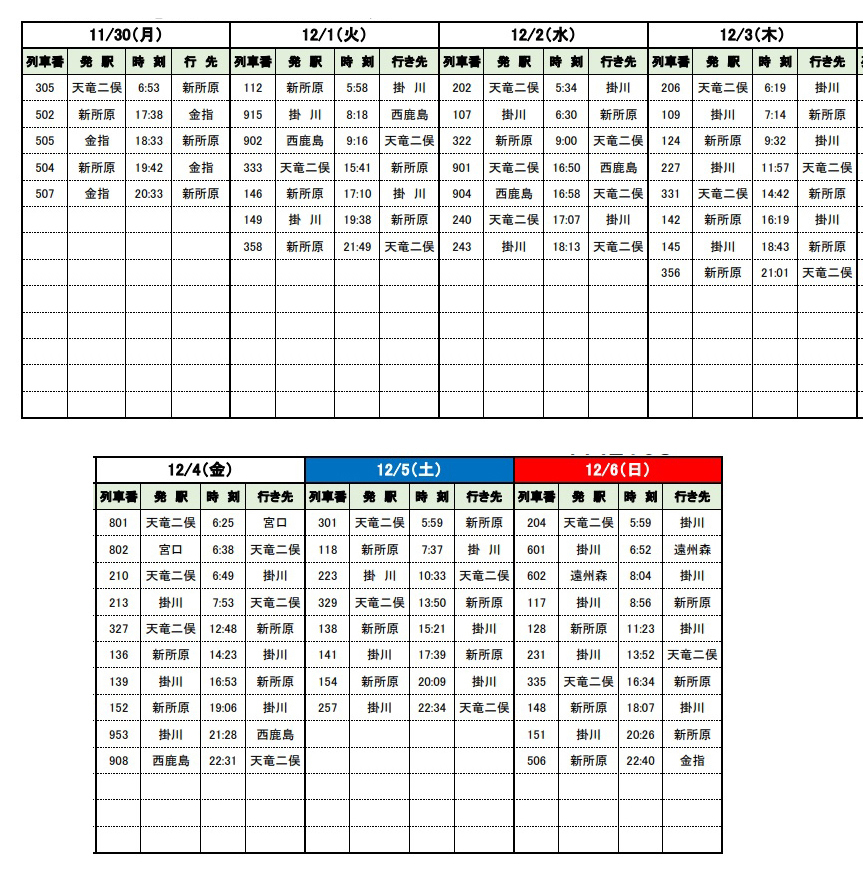 「Honda Cars号」フルラッピング列車運行表（11月30日～12月6日）