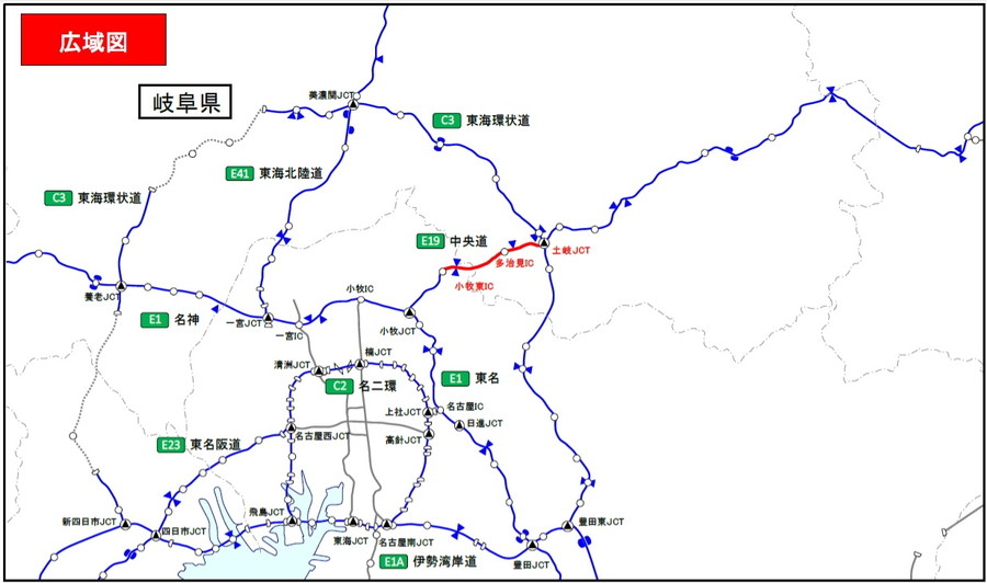 E19 中央道・土岐JCT～小牧東ICの工事区間図