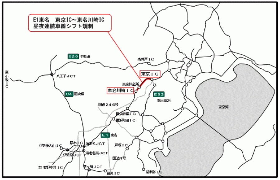 E1 東名・東京IC～東名川崎IC間における通行規制区間概要図
